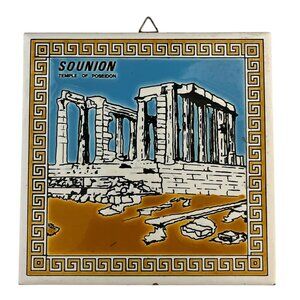 Vintage Greek Ceramic Tile Sounion Temple of Poseidon Wall Plaque